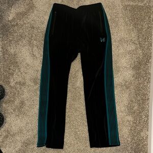 Needles Velour Black Track Pants with Teal Stripes